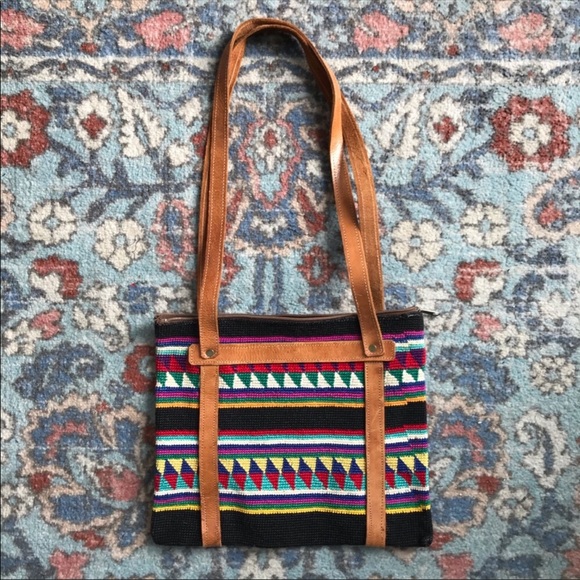 Vintage Handbags - Vintage Woven Southwestern Leather stripe tote bag